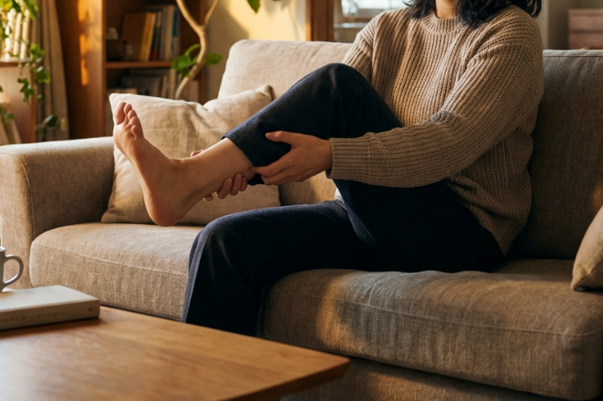 퇴근 후 소파에서 발 스트레칭하는 모습