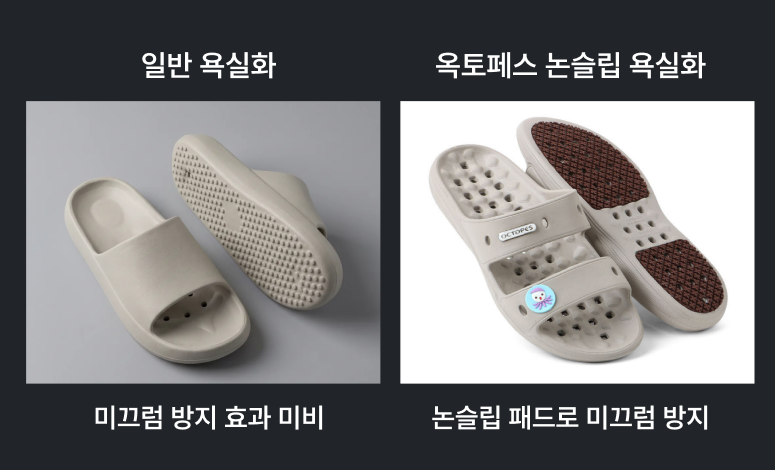 일반 욕실화와 논슬립 욕실화 미끄럼방지 구조 비교